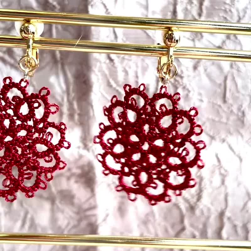 Tatting Lace Earrings , Red with Glitter Thread, Sparkling and Lightweigh - Earrings & Clip-ons - Paper Red