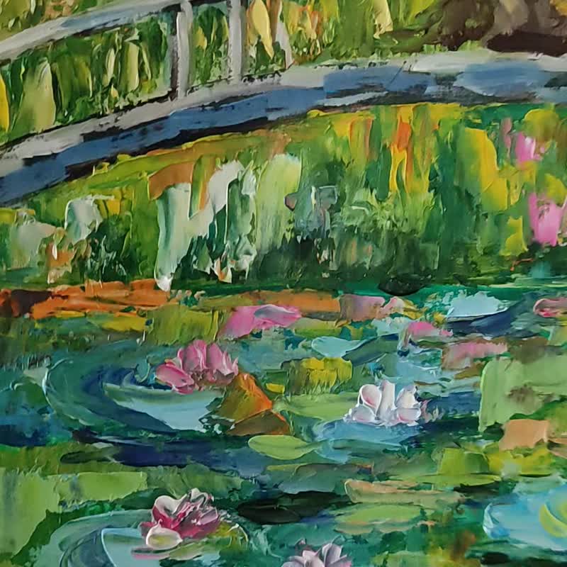 Water Lilies Oil Painting Original, Monet Pond Landscape, Impasto Wall Art - 海報/掛畫/掛布 - 其他材質 多色