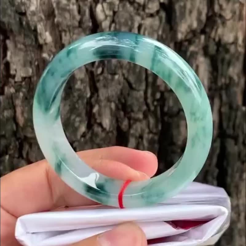 冰種翡翠天然翡翠玉鐲A玉手鐲 玉鈪 • 冰種藍飄花翡翠福鐲 - 手鍊/手環 - 玉石 藍色