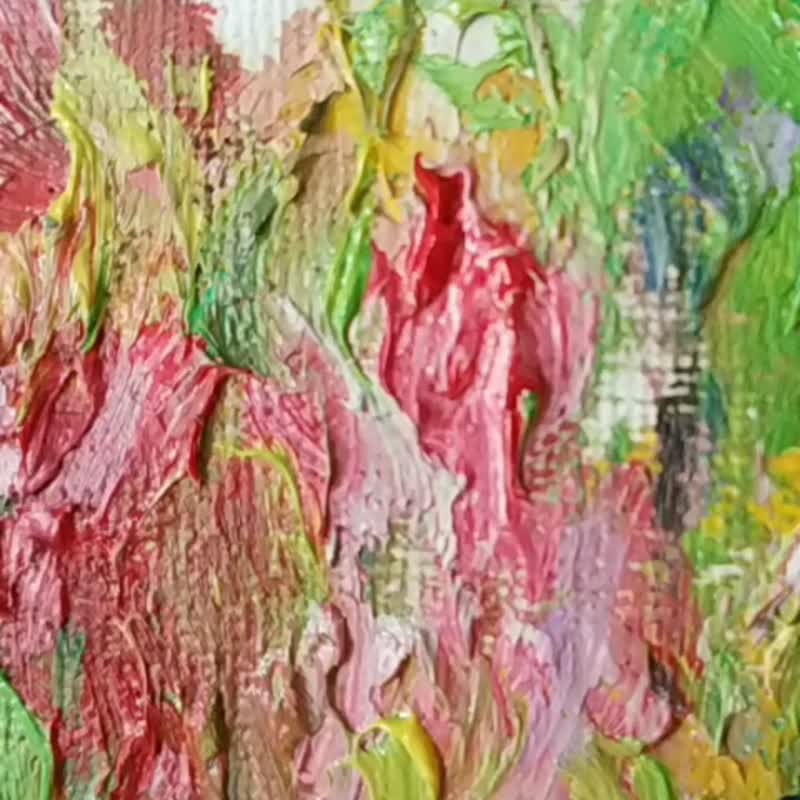 鮮花叢中的翠鳥/原創厚堆油畫/獨一無二 - 擺飾/家飾品 - 棉．麻 