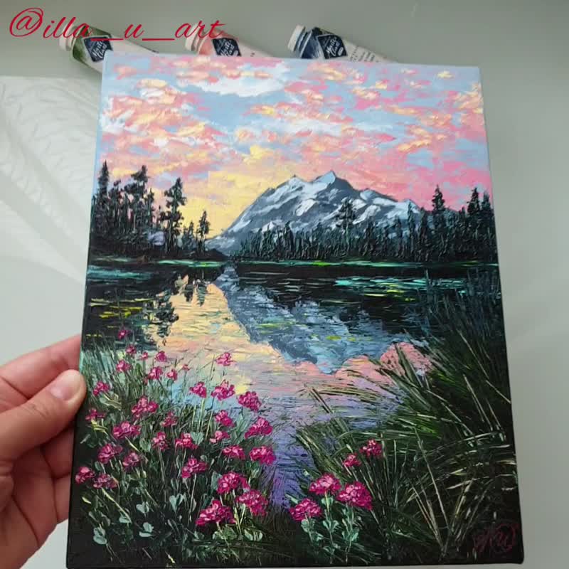 Mountain Painting Lake Original Art Sunset Artwork Landscape Impasto Painting - 海報/掛畫/掛布 - 其他材質 多色