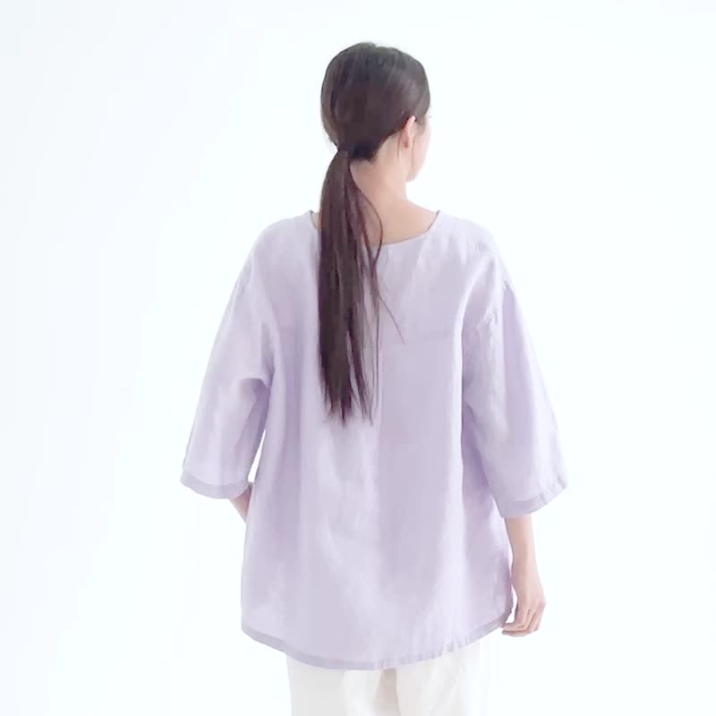 【Simply Yours】V-neck loose linen top purple F - Women's Tops - Cotton & Hemp Purple