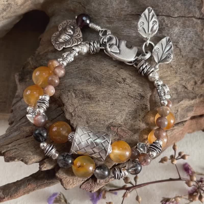 Artisan Boho Bracelet with Karen Hill Tribe Silver, Four Types of Genuine Stones - Bracelets - Sterling Silver Orange