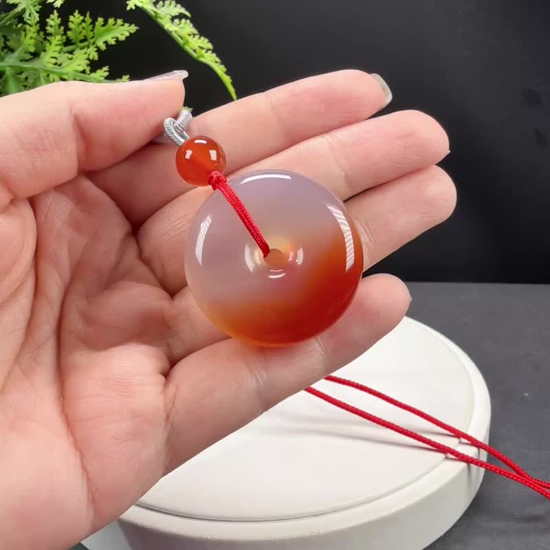 煙紫橘紅瑪瑙吊墜項錬 冰潤起剛手工雕刻平安扣 和諧安甯財富機遇 - 項鍊 - 半寶石 