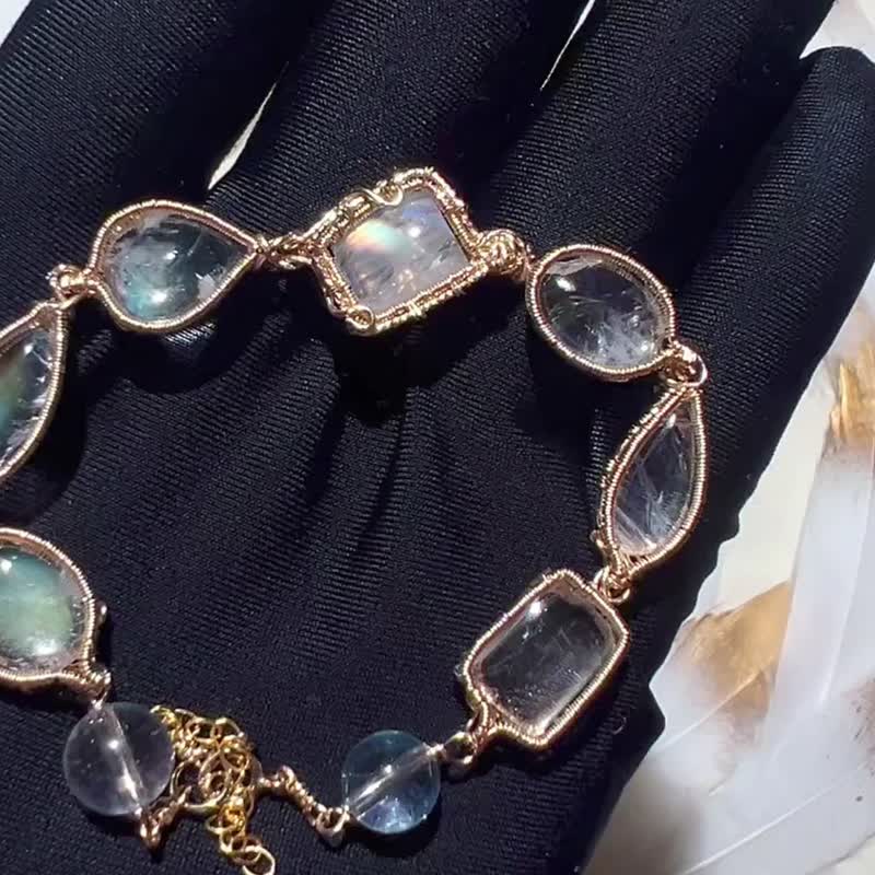 Pure hand-wound 14K gold wrapped thread moonlight stone aquamarine bracelet - Bracelets - Gemstone Multicolor