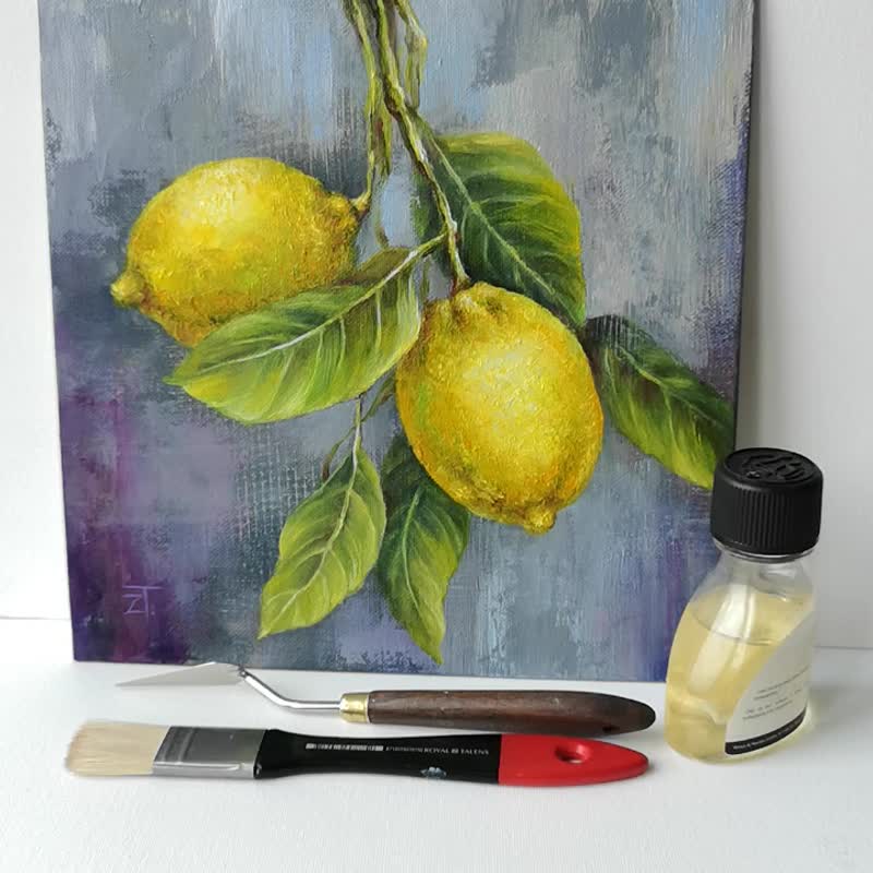 Oil Painting Lemons Original Art on Canvas 25 x 25 cm. - ポスター・絵 - コットン・麻 