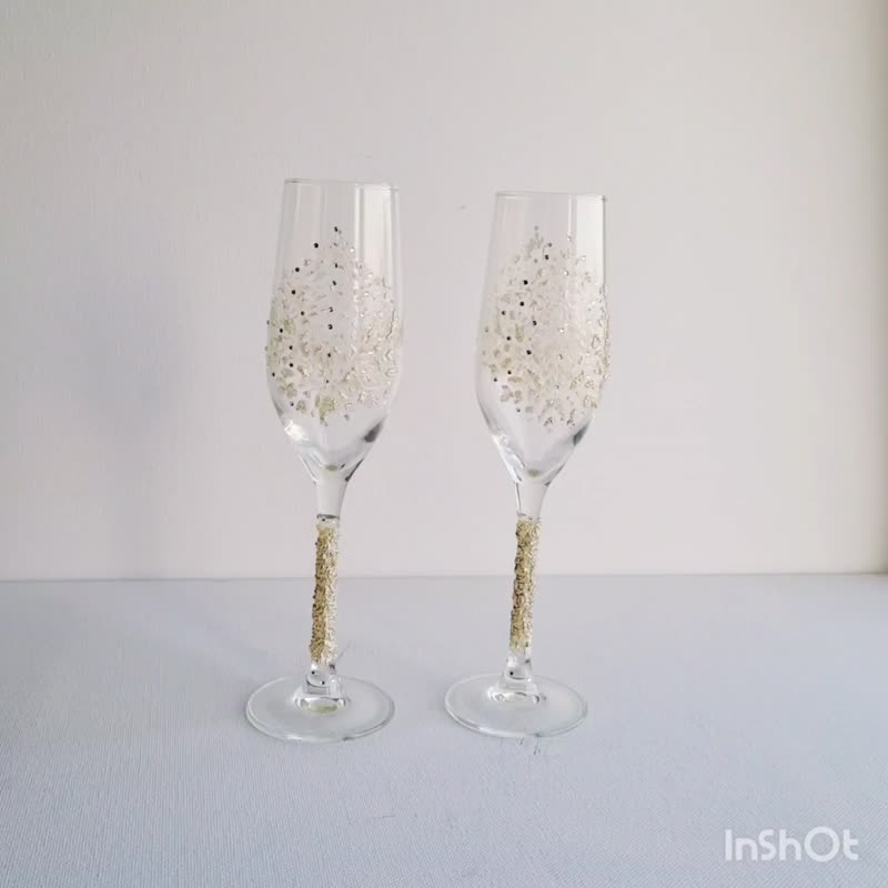 Wedding Flute set Adorned with Unique Pattern and Crystals Art  Elegantce Glass - Bar Glasses & Drinkware - Glass Transparent