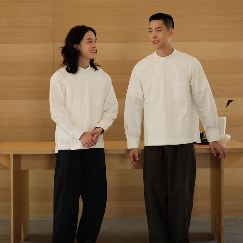 鹿造LUZAO 斜門襟立領長袖襯衫 男女同款 - 男襯衫/休閒襯衫 - 棉．麻 