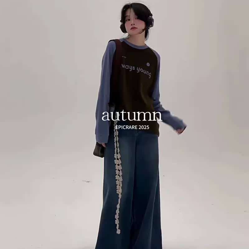 藍色 毛邊牛仔褲闊腿褲 文藝復古休閒寬鬆百搭中性長褲 S-L - 女長褲 - 棉．麻 藍色