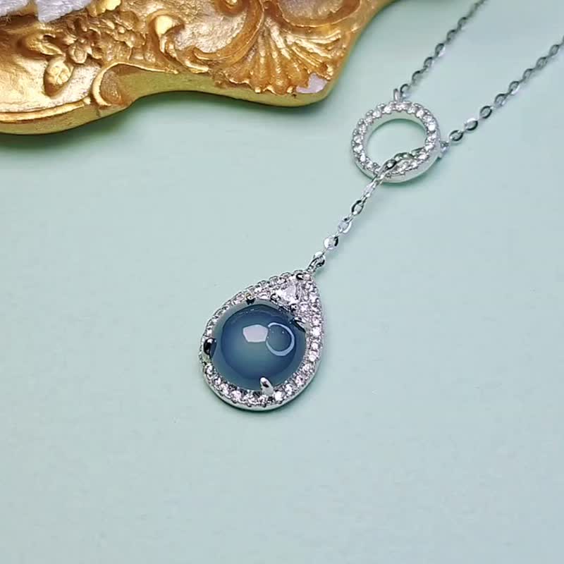 New Year Welfare and Wealth | Noble | Ice glass dark blue large egg surface 8.5mm sterling silver plated 18k telescopic necklace - Necklaces - Jade 