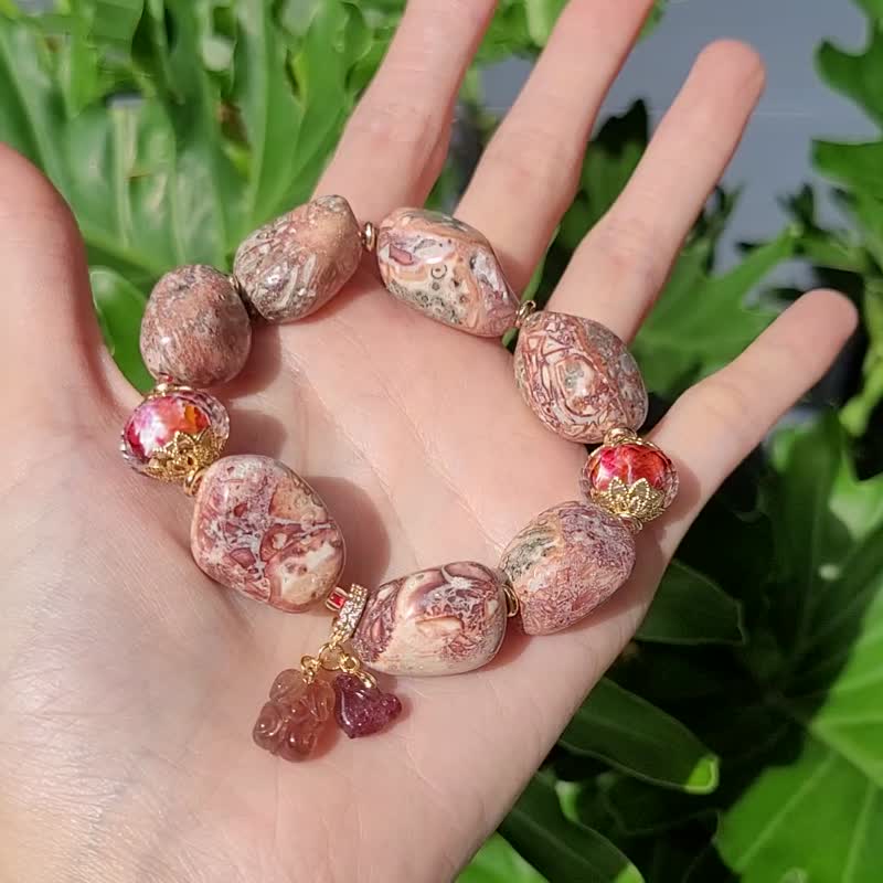 Rare orange-red leopard pattern agate tourmaline Ruyi red luck colored glaze wealth bracelet single product - สร้อยข้อมือ - เครื่องเพชรพลอย สีแดง