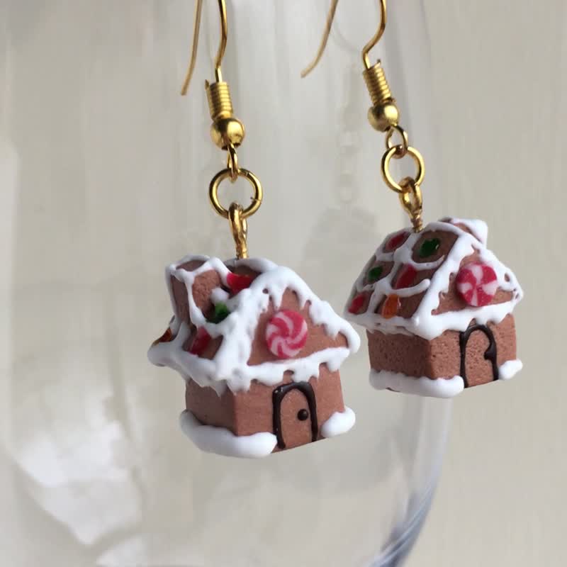 Mini Gingerbread House Three-dimensional Earrings Single Dessert Ornament Christmas Exchange Gift Fast Shipping - ต่างหู - ดินเหนียว สีนำ้ตาล