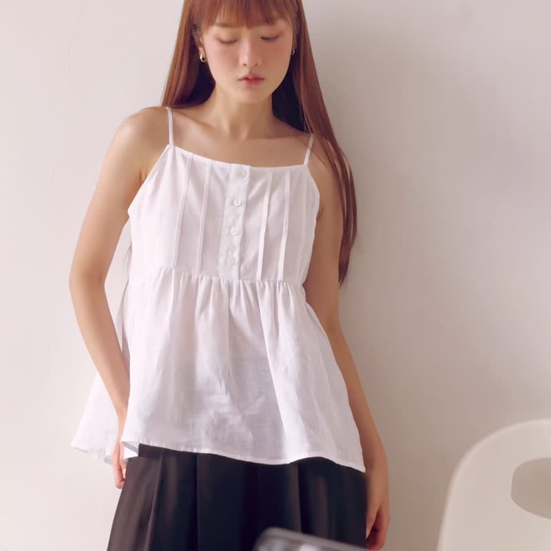 Linen Spaghetti Strap Top - White - 女上衣/長袖上衣 - 棉．麻 白色