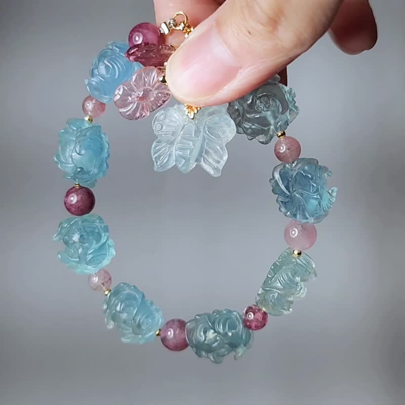 海藍寶 牡丹 花開富貴 蝴蝶 碧璽 所願皆成 智慧 手鍊 單品 禮物 - 手鍊/手環 - 寶石 藍色