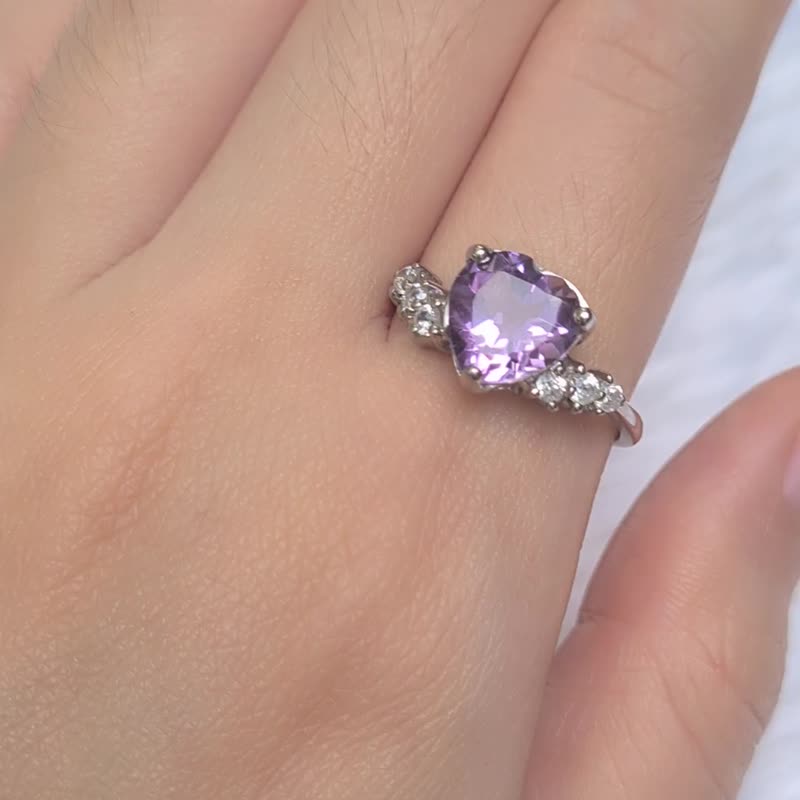 Natural heart shaped amethyst with white zircon platinum plated silver ring - General Rings - Gemstone Purple