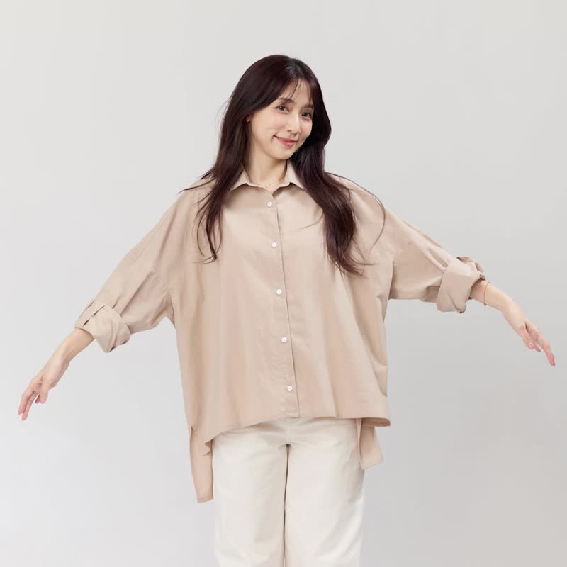 Manda寬版開襟純棉上衣長襯衫/奶茶 - 女襯衫 - 棉．麻 卡其色
