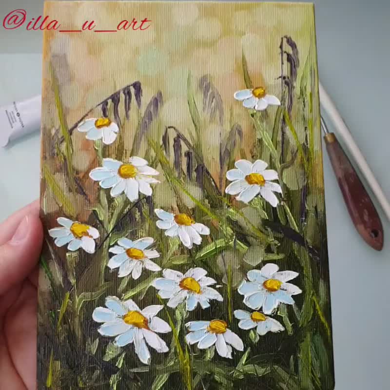 Daisy Painting Flower Original Art Floral Wall Art Wildflower Small Oil Painting - 海報/掛畫/掛布 - 其他材質 多色