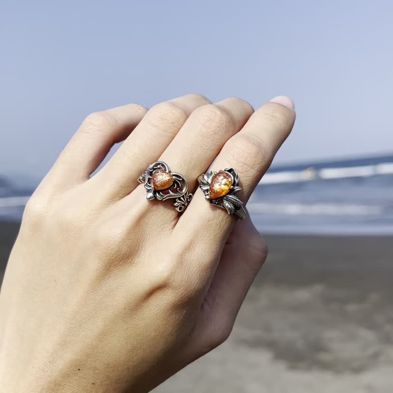 喜迎瑤 925銀 金太陽 太陽石 天然石 活口 戒指 民族風 嬉皮 男女 - 戒指 - 水晶 銀色