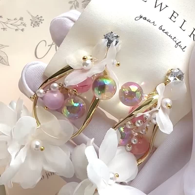 Long Chiffon Flower Pearl Rose Quartz Earrings - ต่างหู - ผ้าไหม สึชมพู