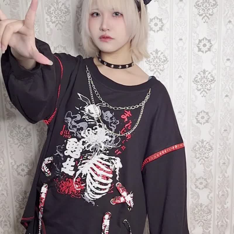 原創甦生彼岸花織帶項鍊造型和風袖中性不規則長袖T恤【JJ2529 - 女 T 恤 - 棉．麻 