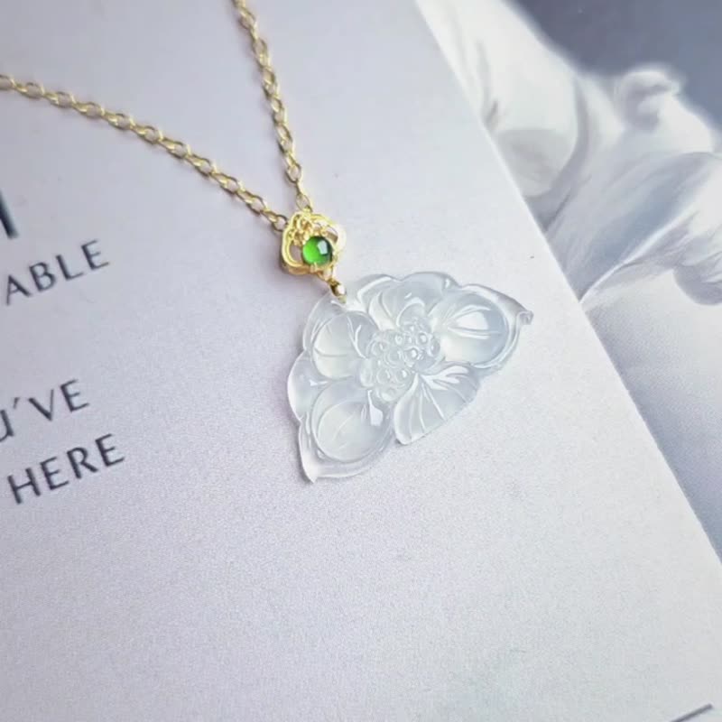 Nobility·Emotion·Longevity·Blessing|18k gold high ice glass white jade radiating lotus|Myanmar jade pendant - Necklaces - Jade 