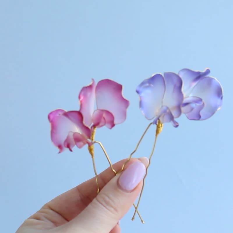 dip art pea flowers hair pins pink and purple handmade hair accessories - Hair Accessories - Other Materials Pink