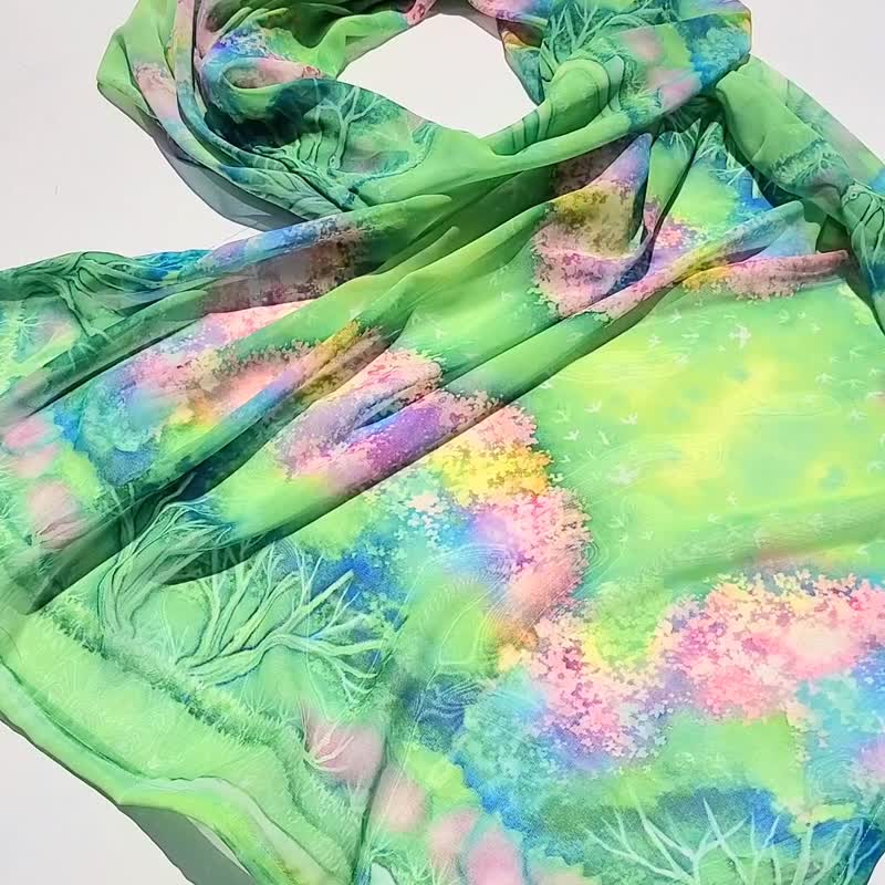 [The forest spins spring] Original design watercolor chiffon stole art scarf green gift - ผ้าพันคอถัก - เส้นใยสังเคราะห์ สีเขียว