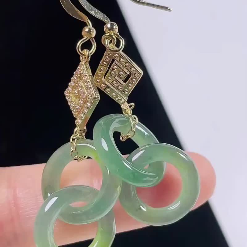 冰種翡翠 天然翡翠 A玉 耳墜 耳釘 • 環環雙扣平安扣翡翠耳環 - 耳環/耳夾/耳骨夾 - 玉石 