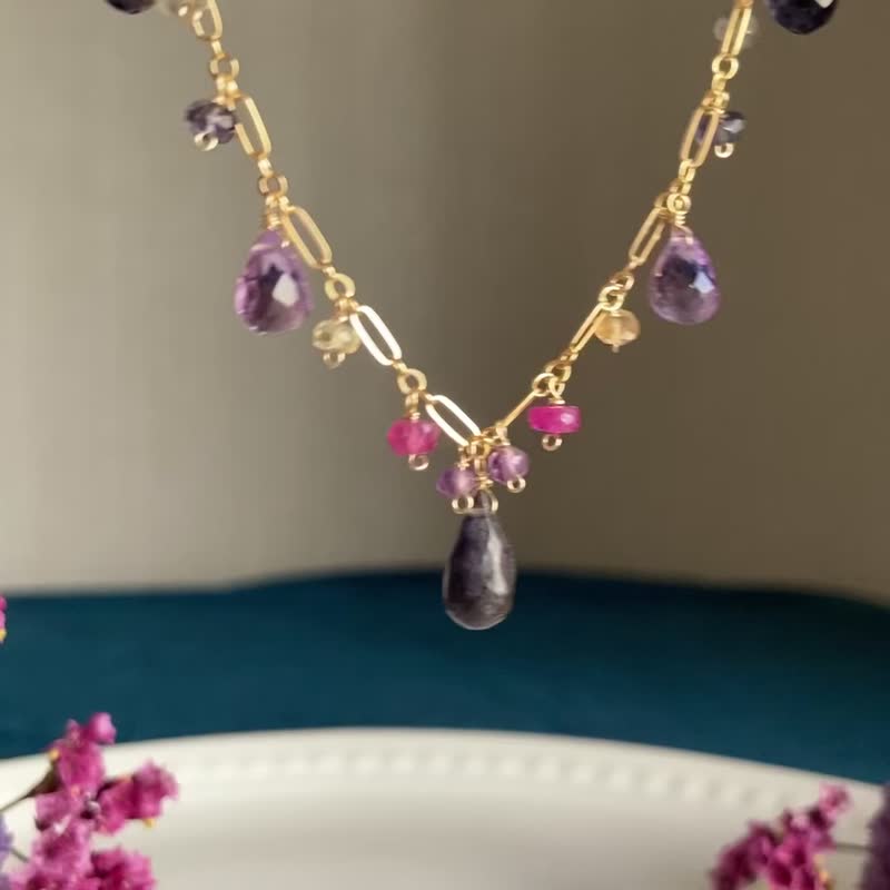 14KGF Iolite x Amethyst Necklace / one-of-a-kind - สร้อยคอ - เครื่องเพชรพลอย สีม่วง