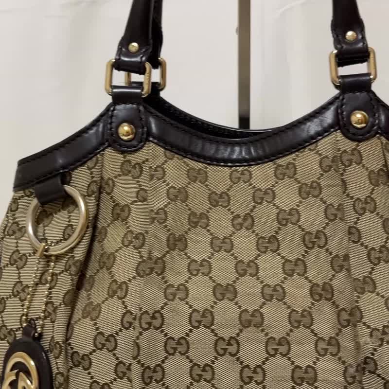 GUCCI グッチ スーキー GG キャンバス レザー ハンドバッグ ベージュ ブラウン 211944 - 手提包/手提袋 - 棉．麻 卡其色
