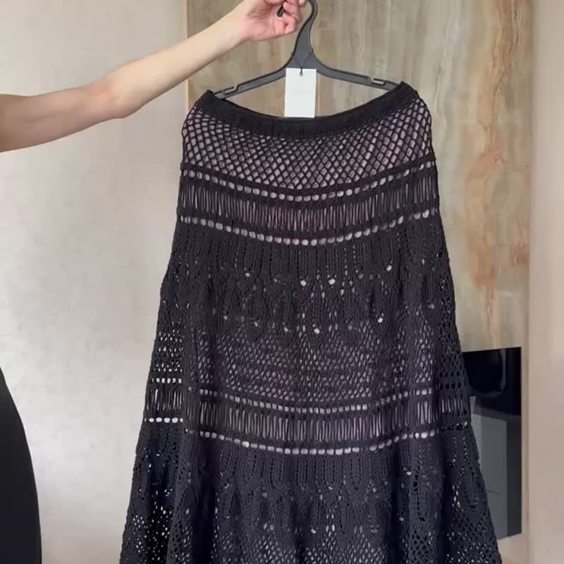 Black lace skirt A-line long skirt Handmade skirt Crochet skirt - 裙子/長裙 - 棉．麻 