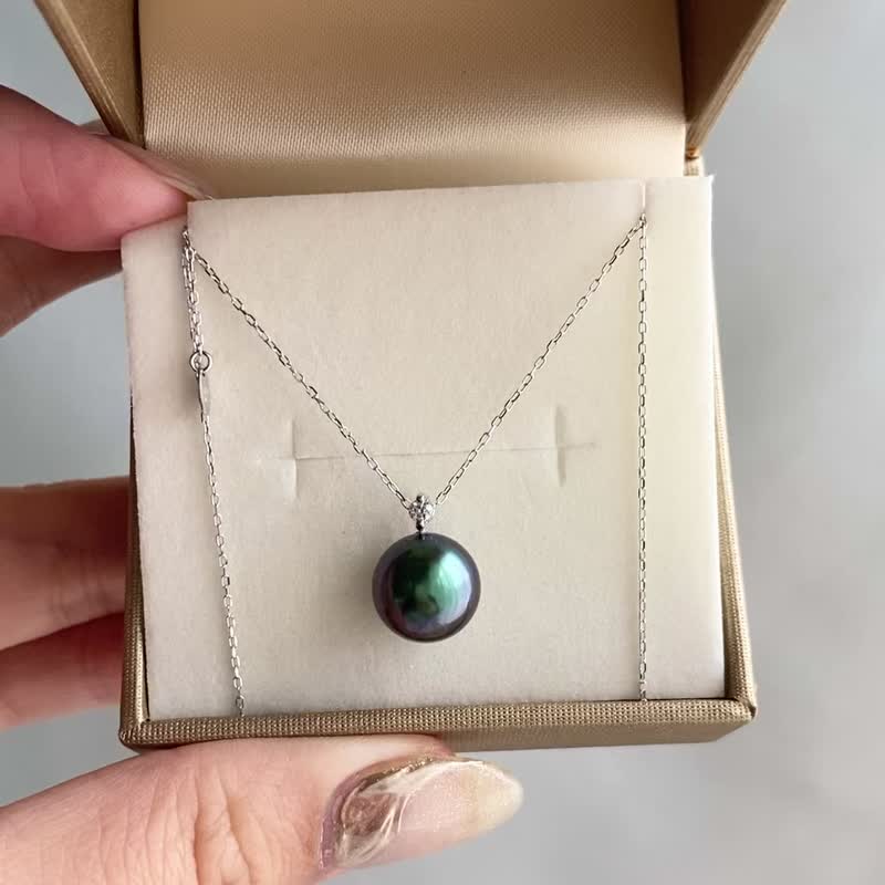 The extremely popular Tahitian pearl 10-11mm diamond pendant with chain, high quality black pearls, 18K gold, 45cm diamond pendant - สร้อยคอ - ไข่มุก สีดำ