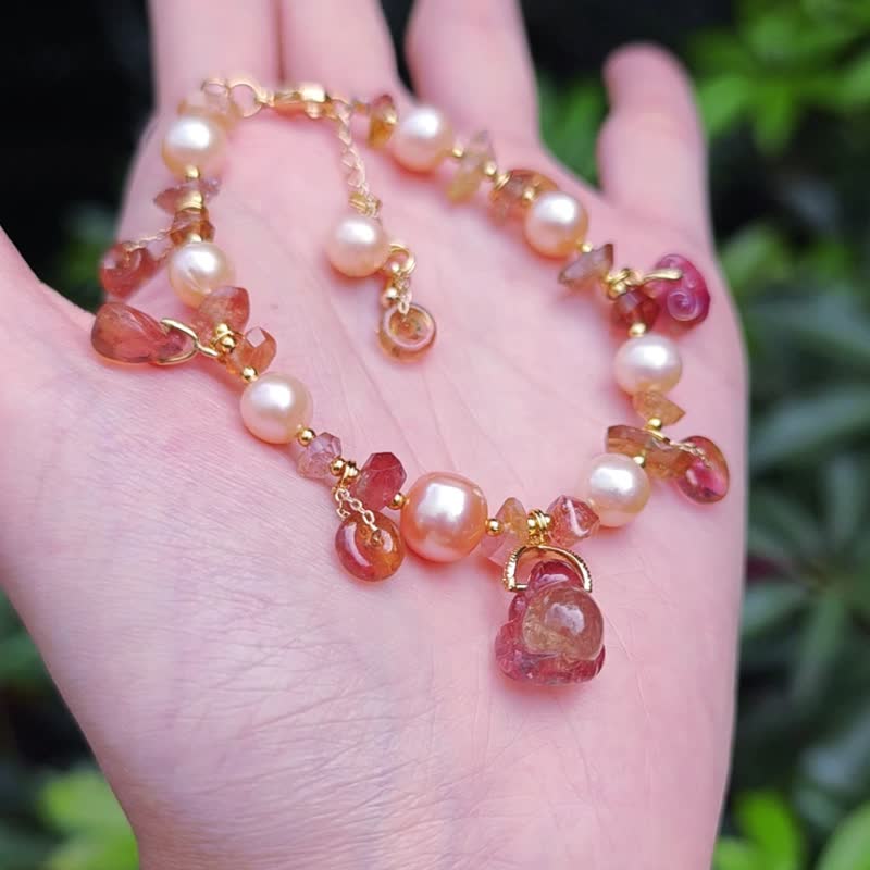 西瓜碧璽 水蜜桃色 珍珠 如意 古錢 招財 多寶釧 手鍊 單品 禮物 - 手鍊/手環 - 寶石 橘色