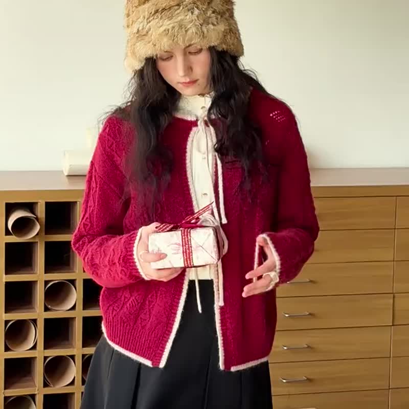 2顏色 日出綠寶石 法式復古繫帶撞色針織開衫 毛衣外套 UPW紗線 - 女毛衣/針織衫 - 羊毛 紅色