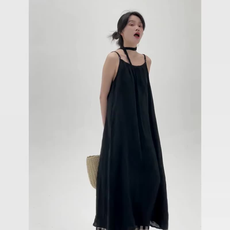 Black/Coffee Plant-dyed Strapless Dress Literary Retro Lazy Style Linen and Linen Strapless Dress - ชุดเดรส - ผ้าฝ้าย/ผ้าลินิน สีดำ