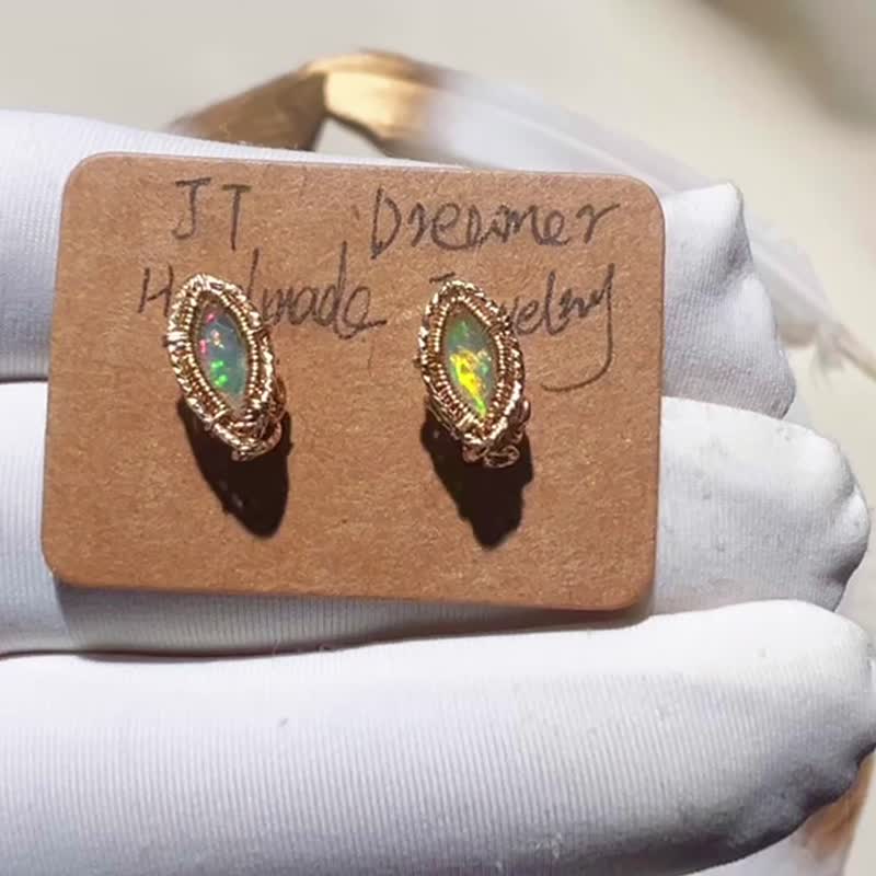 Pure hand-imported 14K covered gold wire wound water Opal earrings - Earrings & Clip-ons - Gemstone Multicolor