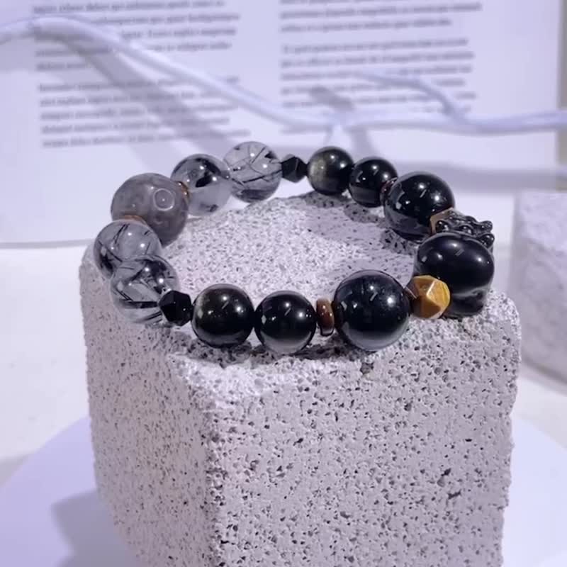 Courage Pixiu|Yellow Tiger Eye| Silver Stone|Golden Luck Stone|Golden Stone|Black Hair Quartz|Crystal Bracelet A2407-3 - สร้อยข้อมือ - คริสตัล สีดำ