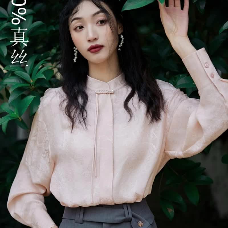 New Chinese pink silk blouse women's button jacquard shirt senior sense - เสื้อเชิ้ตผู้หญิง - ผ้าไหม สึชมพู