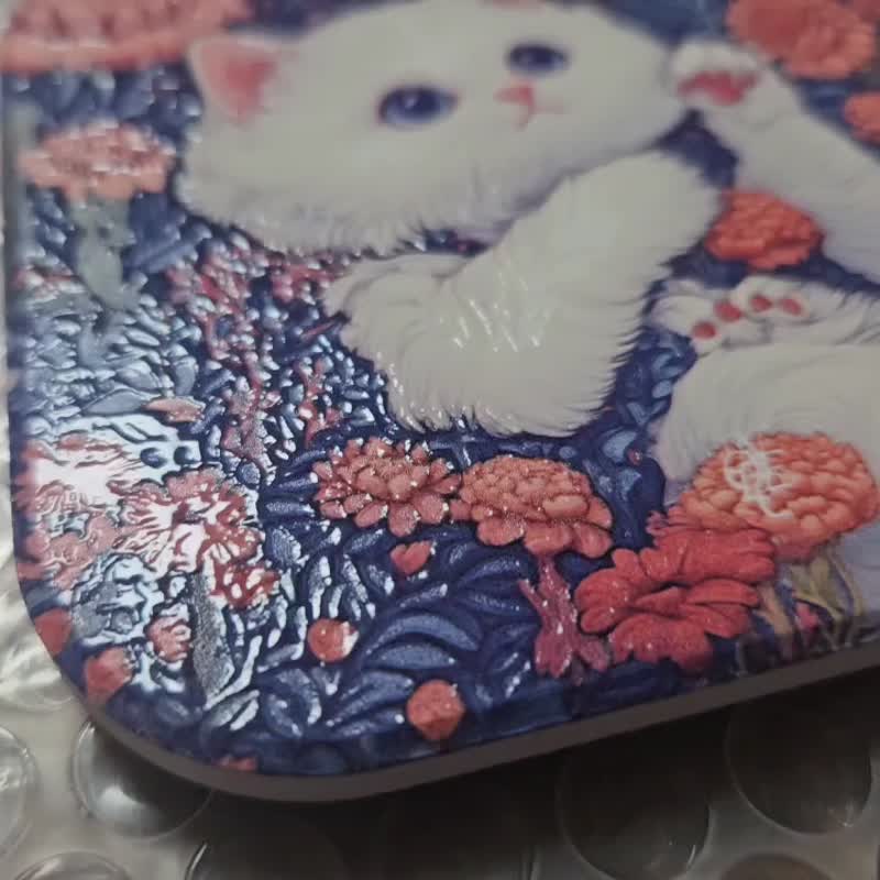 花草布偶貓-晶雕陶瓷吸水杯墊 - 杯墊 - 陶 藍色
