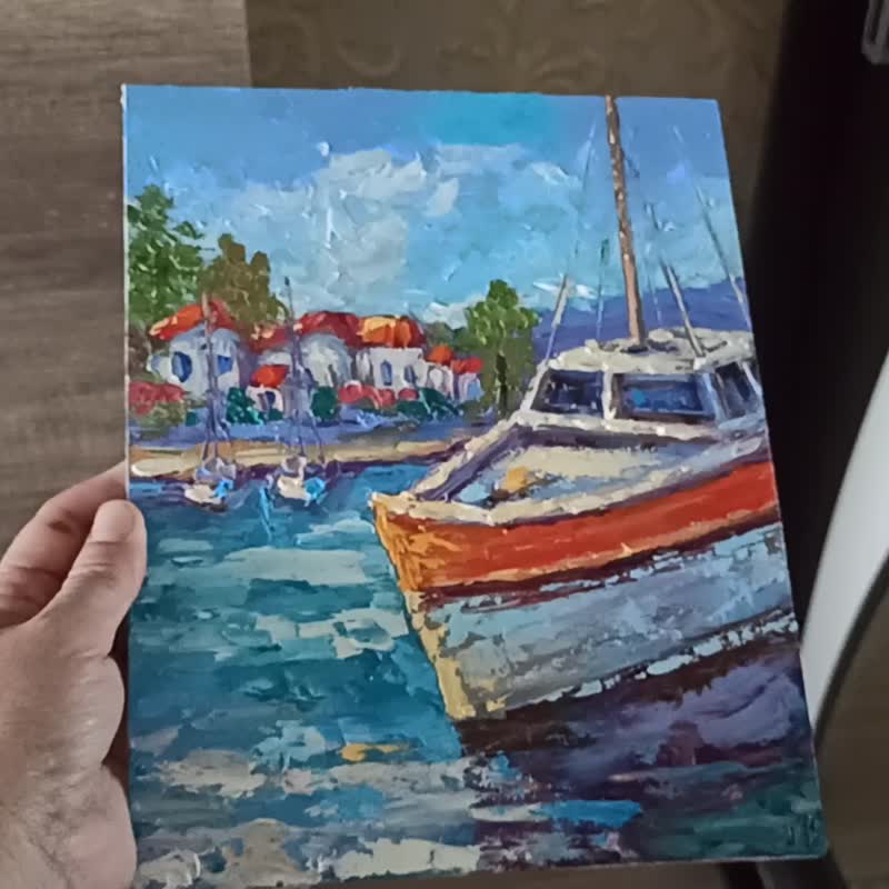 Sailboat Oil Painting on Canvas Board 25x20cm Seascape Original Art Seaside - 海報/掛畫/掛布 - 其他材質 多色