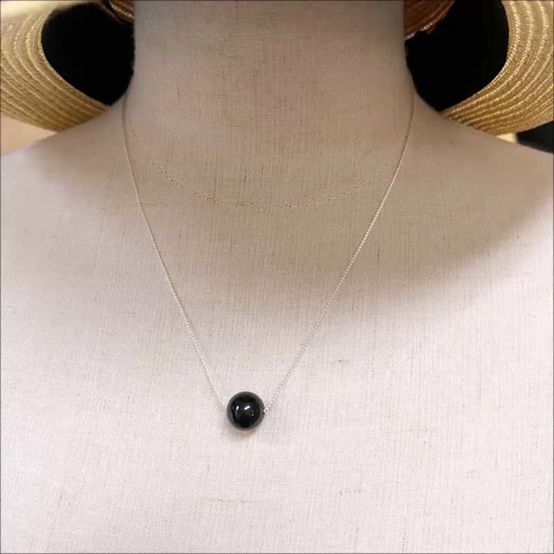 Black Tourmaline Necklace 12mm Gemstone Bead Silver Flat Snake Chain - สร้อยคอ - เครื่องเพชรพลอย สีดำ