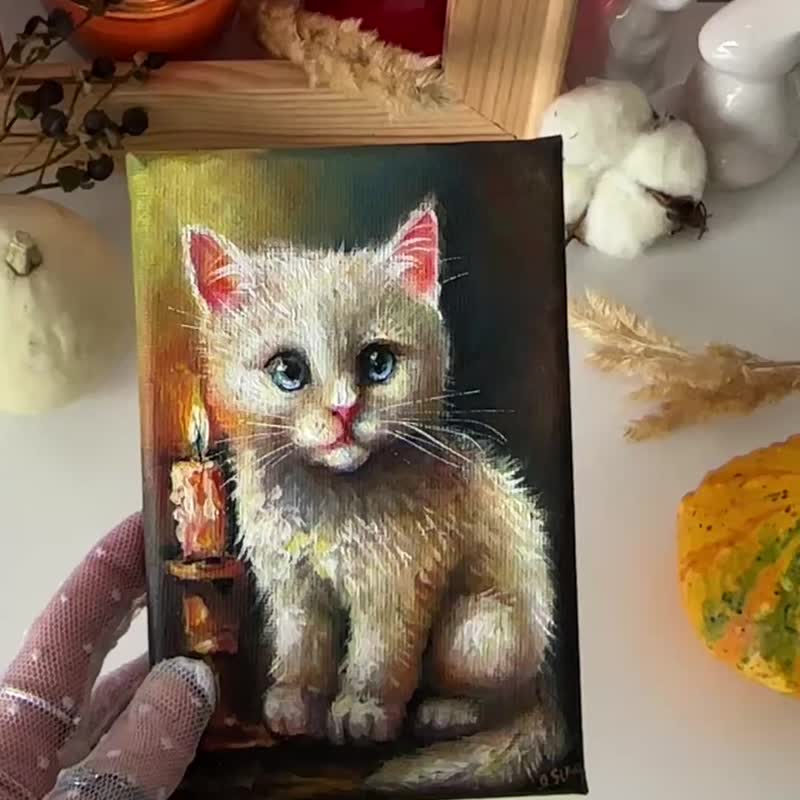 White Cat canvas painting, Cute animal, Cat wall art, White kitten, Cat decor - 壁貼/牆壁裝飾 - 棉．麻 多色