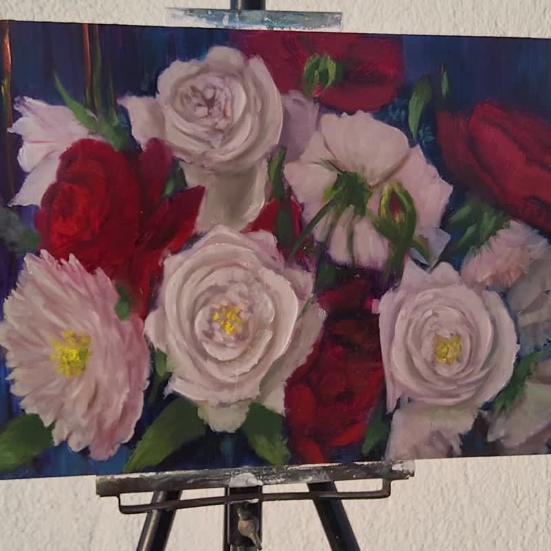Rose Painting Flower Original Floral Impasto Oil Painting Wall Art White Roses - 插畫/繪畫/寫字 - 木頭 