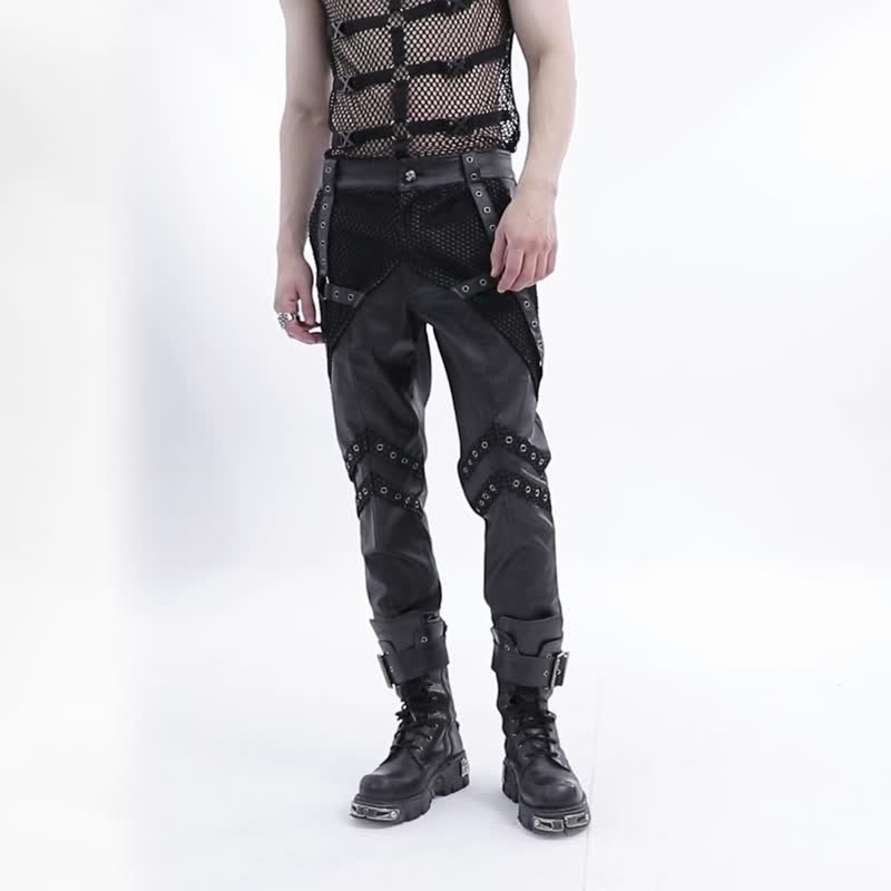 Punk Exorcist Cross Mesh Trousers - กางเกงขายาว - วัสดุอื่นๆ สีดำ