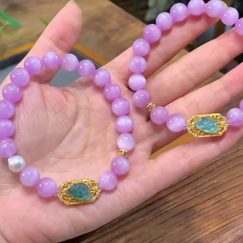 原創精品天然紫鋰輝手鏈搭配銀鍍金藍水翡翠蓮花 步步生蓮 好運連 - 手鍊/手環 - 玉石 