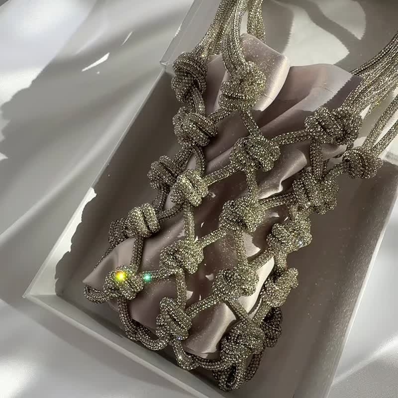 Twilight Spark – Silver | Mini Macramé Bag with Satin Pouch - 手拿包 - 聚酯纖維 銀色