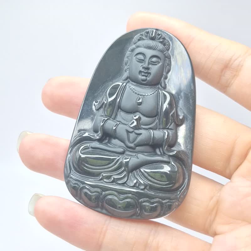 Warm Ink Cui Seated Guanyin Pendant | Natural Burmese Jade Grade A Jadeite - สร้อยคอ - หยก 