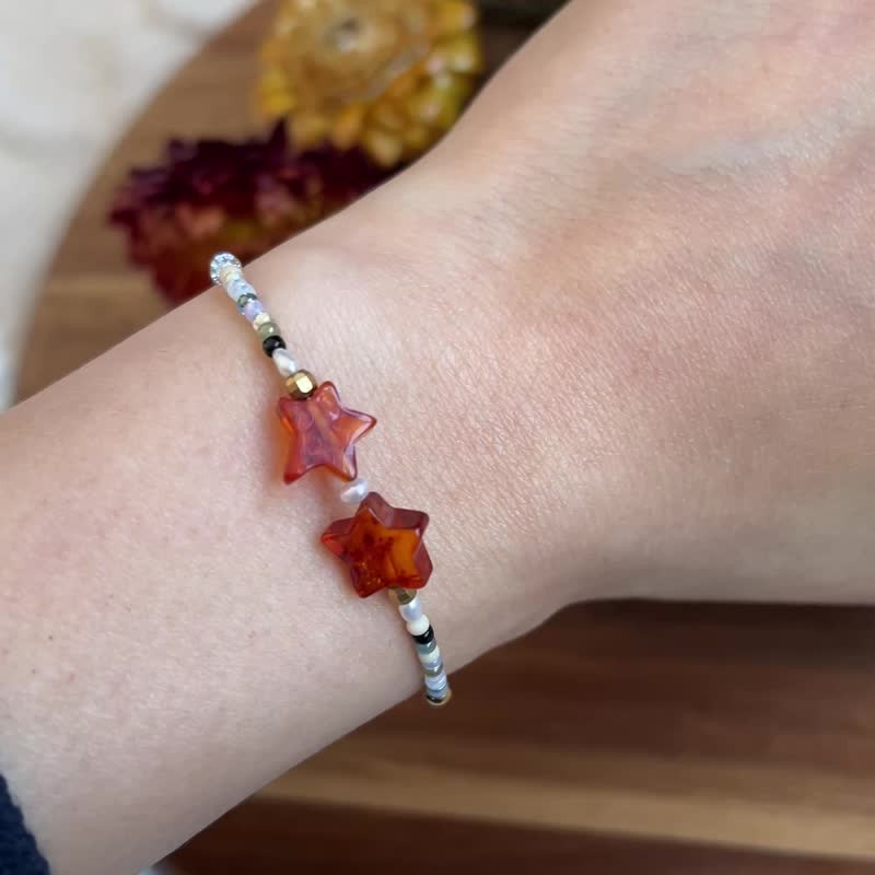 Baltic Amber Star Glass Seed Bead x Natural Stone Bracelet - Bracelets - Semi-Precious Stones Red
