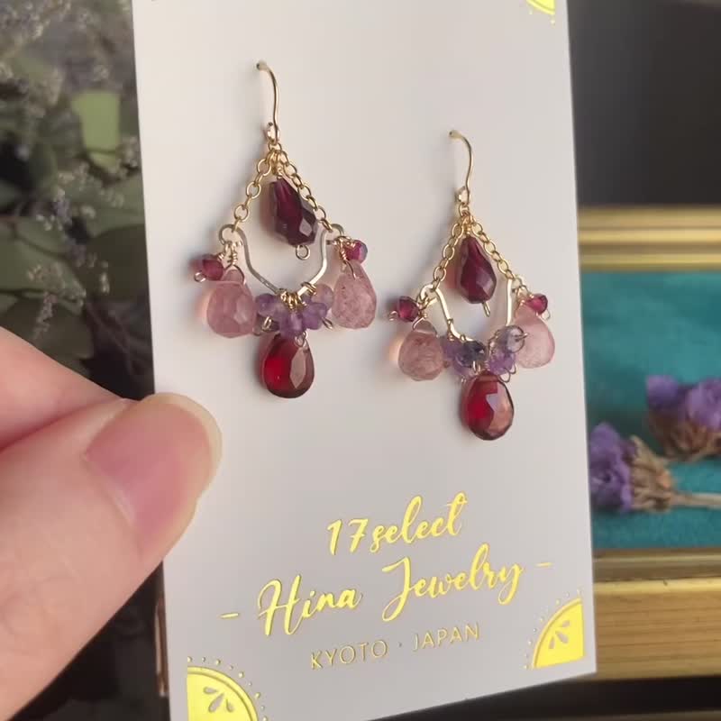 14KGF Garnet Chandelier earrings / Birthstone of January - ต่างหู - เครื่องเพชรพลอย สีแดง