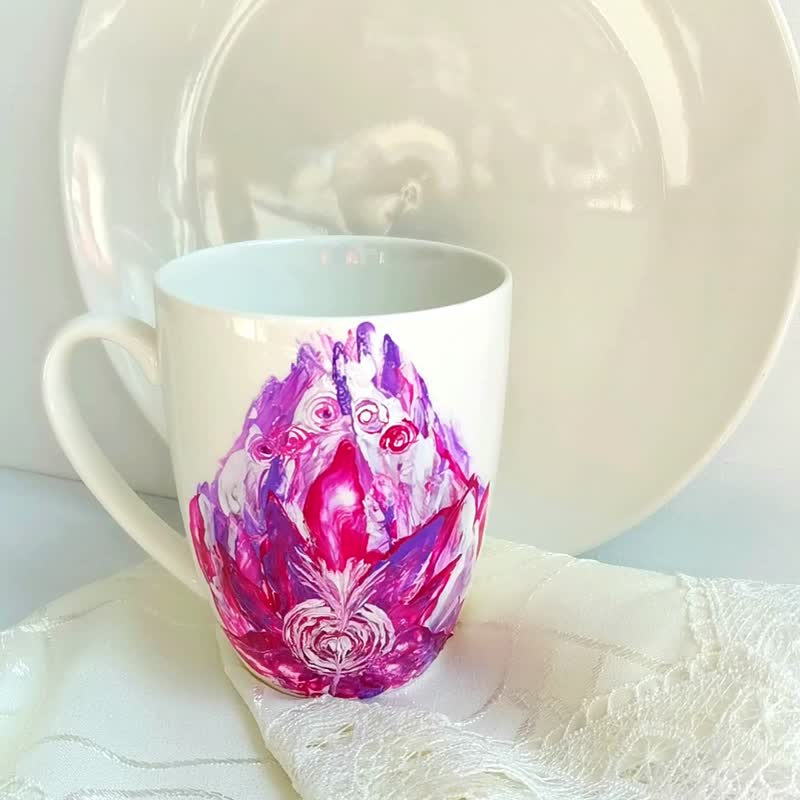 Tea Cup Purple Flame Original Art Kitchen Painting Angel Room Decor Gift Artwork - 咖啡杯 - 瓷 多色